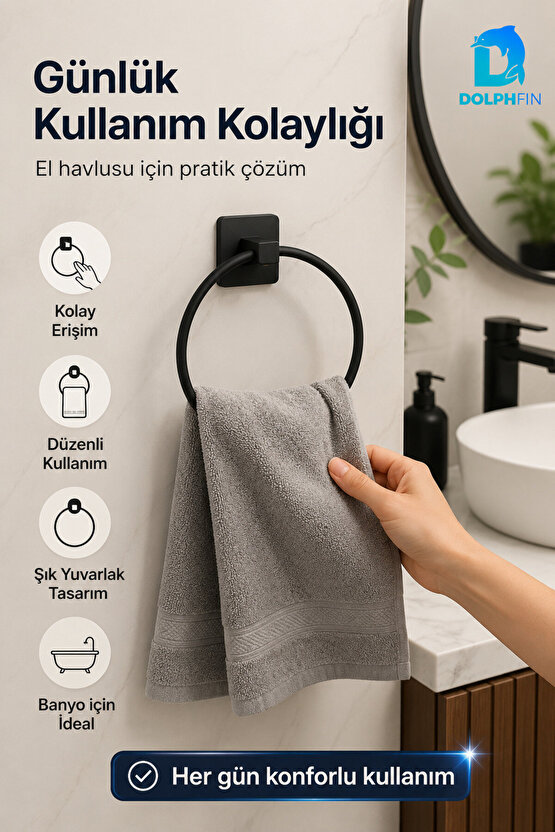 Yapışkanlı Yuvarlak Havluluk Mat Siyah Delmeden Montajlı Banyo Mutfak Havlu Askısı