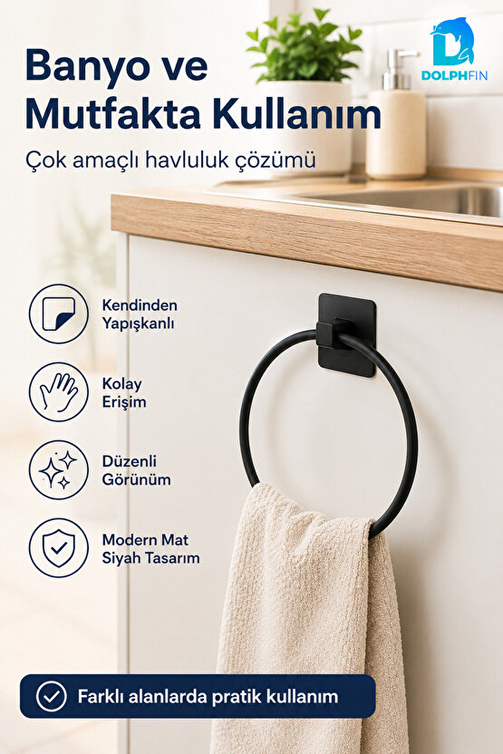 Yapışkanlı Yuvarlak Havluluk Mat Siyah Delmeden Montajlı Banyo Mutfak Havlu Askısı