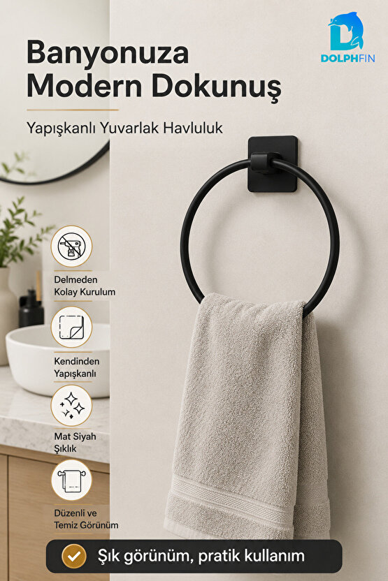 Yapışkanlı Yuvarlak Havluluk Mat Siyah Delmeden Montajlı Banyo Mutfak Havlu Askısı
