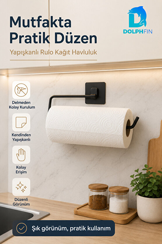 Yapışkanlı Rulo Kağıt Havluluk Mat Siyah Delmeden Montajlı Mutfak Banyo Havlu Askısı