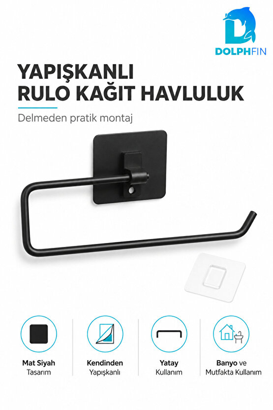 Yapışkanlı Rulo Kağıt Havluluk Mat Siyah Delmeden Montajlı Mutfak Banyo Havlu Askısı