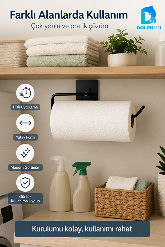 Yapışkanlı Rulo Kağıt Havluluk Mat Siyah Delmeden Montajlı Mutfak Banyo Havlu Askısı