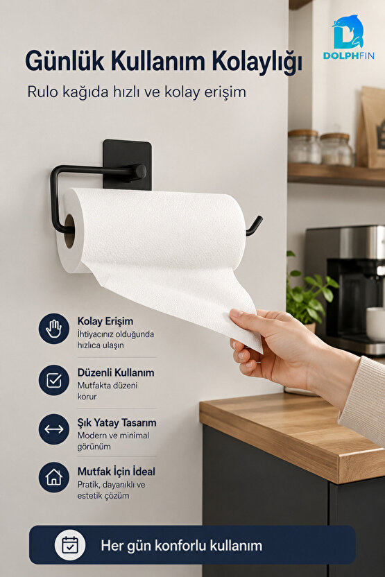 Yapışkanlı Rulo Kağıt Havluluk Mat Siyah Delmeden Montajlı Mutfak Banyo Havlu Askısı