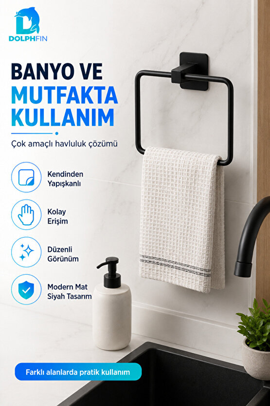 Yapışkanlı Kare Havluluk Mat Siyah Delmeden Montajlı Banyo Mutfak Havlu Askısı