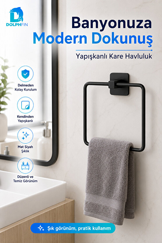 Yapışkanlı Kare Havluluk Mat Siyah Delmeden Montajlı Banyo Mutfak Havlu Askısı