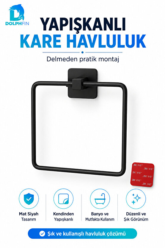Yapışkanlı Kare Havluluk Mat Siyah Delmeden Montajlı Banyo Mutfak Havlu Askısı