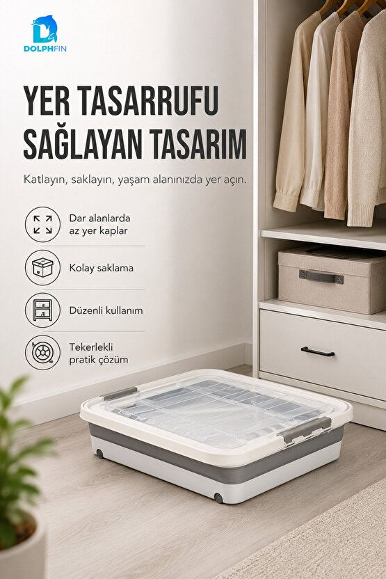 45 L Tekerlekli Katlanabilir Saklama Kutusu Kapaklı Çok Amaçlı Ev Düzenleyici Organizer
