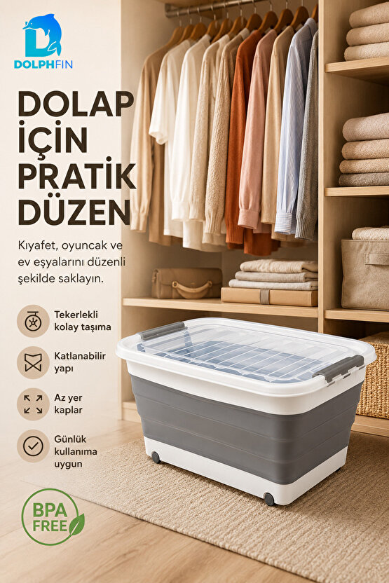 45 L Tekerlekli Katlanabilir Saklama Kutusu Kapaklı Çok Amaçlı Ev Düzenleyici Organizer