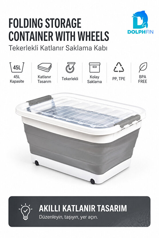 45 L Tekerlekli Katlanabilir Saklama Kutusu Kapaklı Çok Amaçlı Ev Düzenleyici Organizer