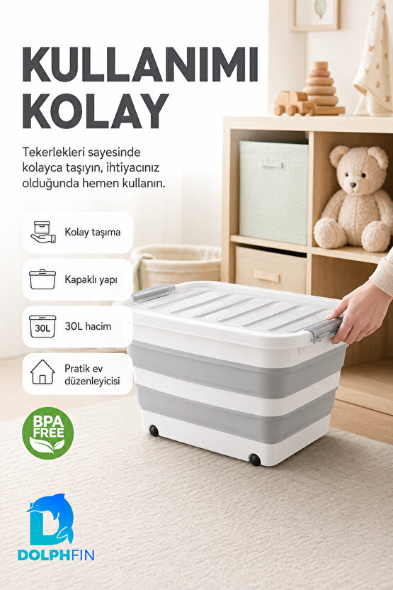 30 L Katlanabilir Kapaklı Saklama Organizeri Mutfak Kiler Dolap İçi Düzenleyici Kutu