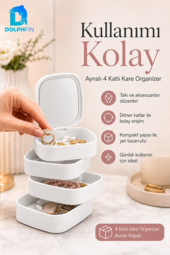 Aynalı 4 Katlı Kare Makyaj ve Kozmetik Organizer Banyo Dolap Düzenleyici