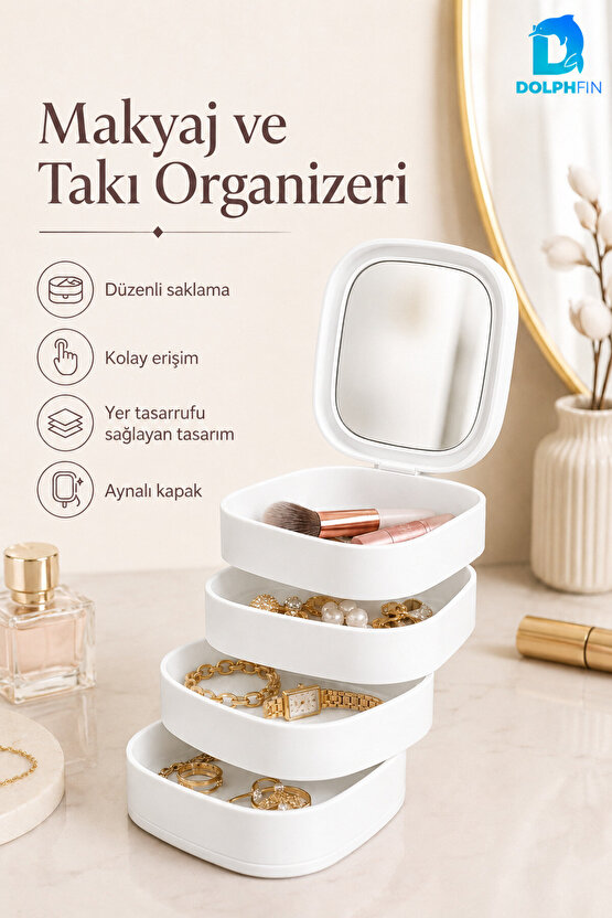 Aynalı 4 Katlı Kare Makyaj ve Kozmetik Organizer Banyo Dolap Düzenleyici