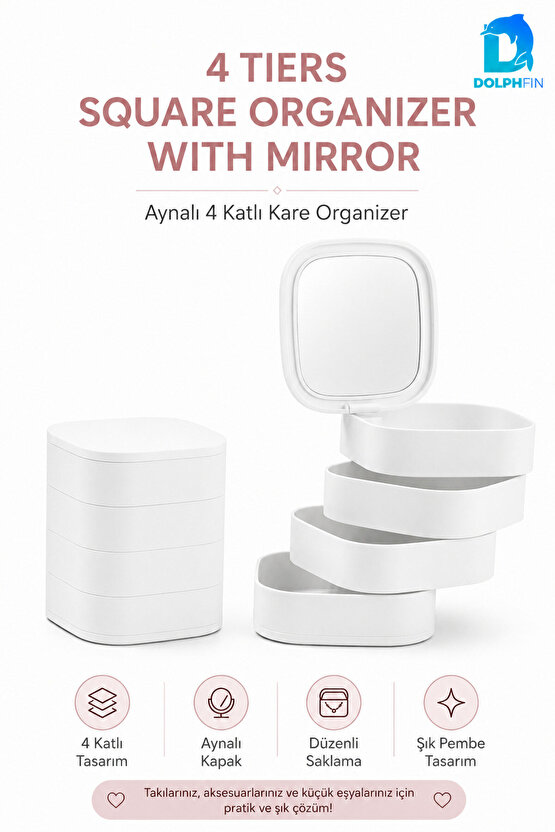 Aynalı 4 Katlı Kare Makyaj ve Kozmetik Organizer Banyo Dolap Düzenleyici