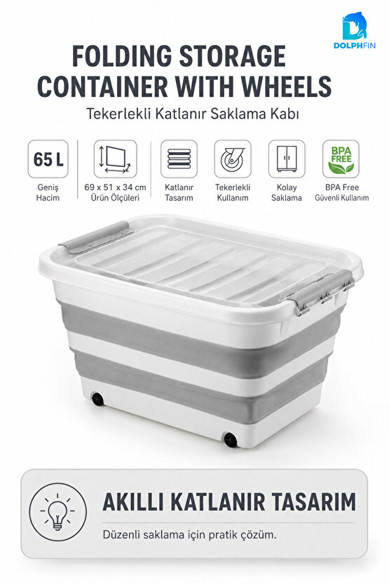 65 LT Tekerlekli Katlanabilir Saklama Kabı Kapaklı Ev Kiler Erzak ve Düzenleme Kutusu