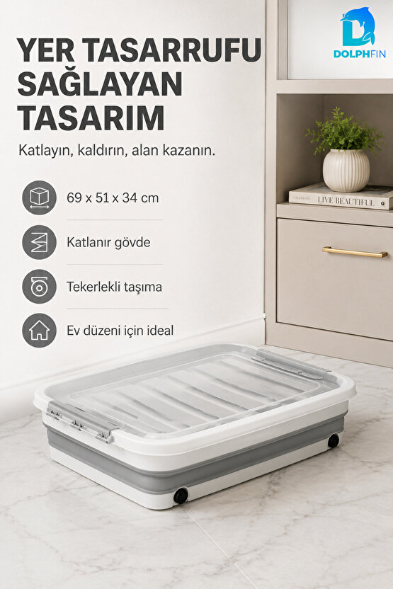 65 LT Tekerlekli Katlanabilir Saklama Kabı Kapaklı Ev Kiler Erzak ve Düzenleme Kutusu