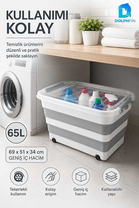 65 LT Tekerlekli Katlanabilir Saklama Kabı Kapaklı Ev Kiler Erzak ve Düzenleme Kutusu