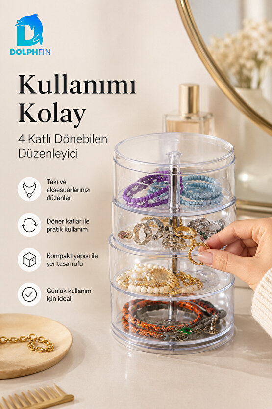 Şeffaf Kulak Çubuğu Kutusu Kapaklı Pamukluk ve Banyo Organizeri 4 Katlı Silindir Takı Ve Makyaj Organizer