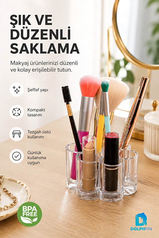 Papatya Model Şeffaf Makyaj Organizeri Kozmetik Fırça ve Ruj Düzenleyici 9x9x5,5 cm