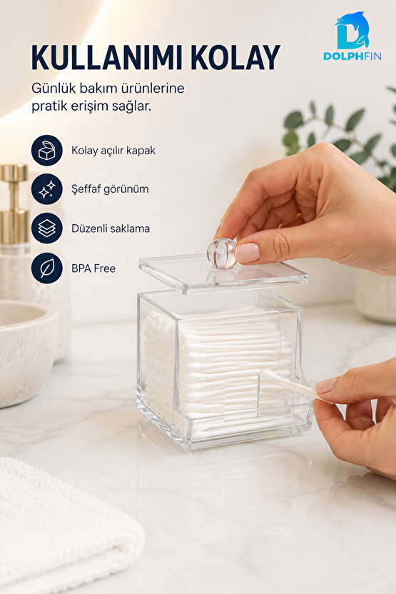 Şeffaf Kapaklı Kulak Çubuğu ve Pamukluk Banyo Makyaj Organizer Kutusu