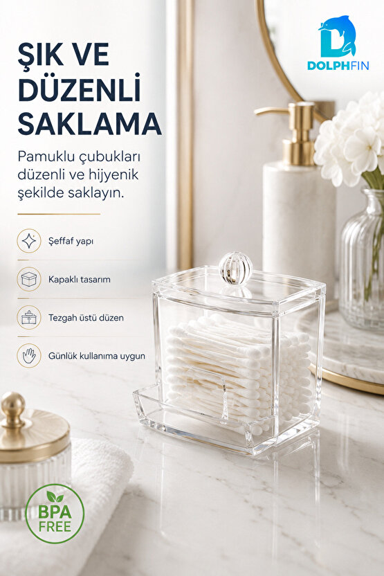 Şeffaf Kapaklı Kulak Çubuğu ve Pamukluk Banyo Makyaj Organizer Kutusu