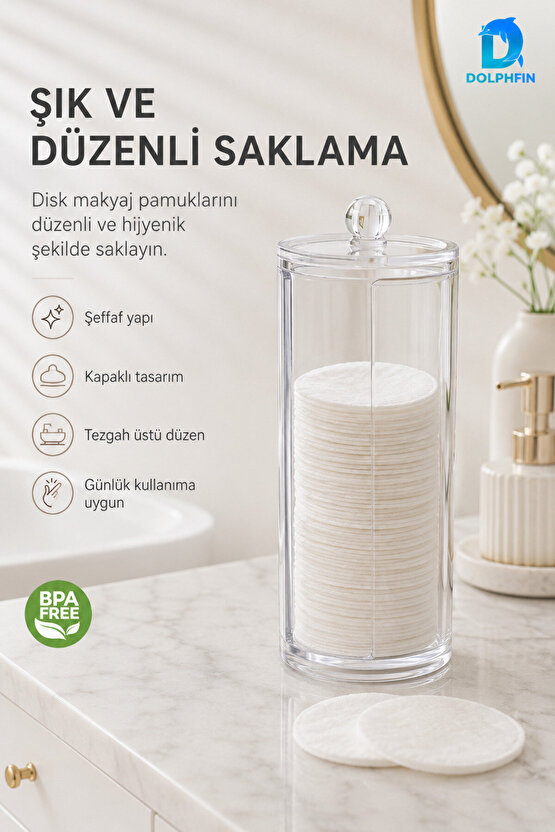 Kapaklı Şeffaf Makyaj Pamukluğu Disk Pamuk Saklama Kutusu 7x7x20 cm