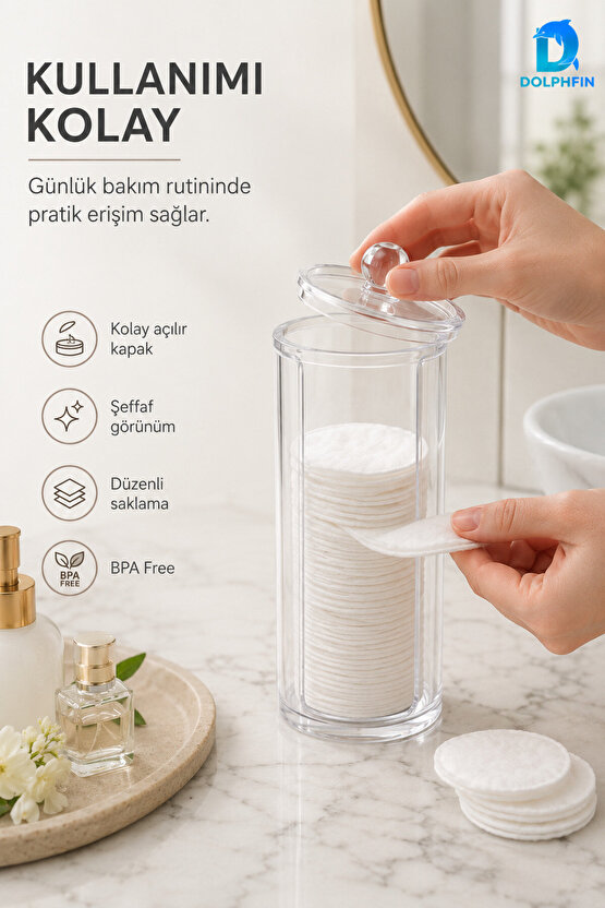 Kapaklı Şeffaf Makyaj Pamukluğu Disk Pamuk Saklama Kutusu 7x7x20 cm