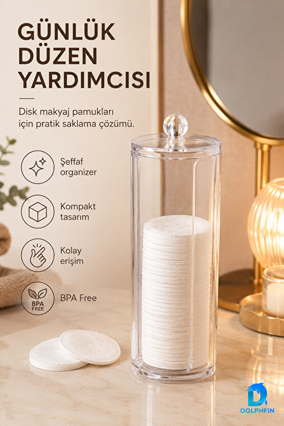 Kapaklı Şeffaf Makyaj Pamukluğu Disk Pamuk Saklama Kutusu 7x7x20 cm