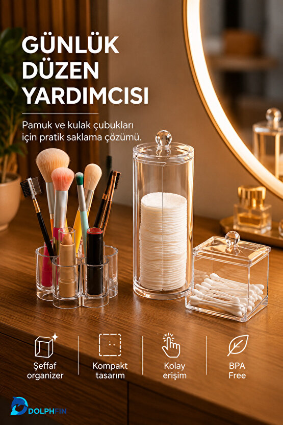 3’lü Şeffaf Makyaj Organizer Seti Pamukluk Kulak Çubuğu Kutusu ve Fırça Düzenleyici