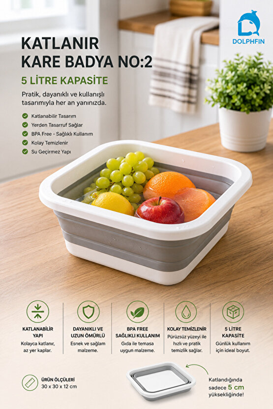 Katlanır Badya 5 LT Mutfak Hazırlık ve Hamur Yoğurma Kabı