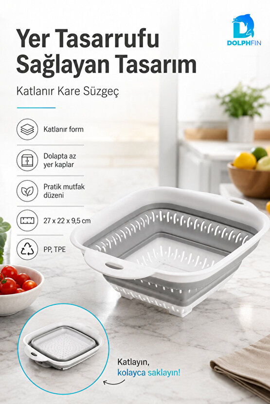 Katlanır Kare Süzgeç Mutfak Pratik Kullanım Gereci