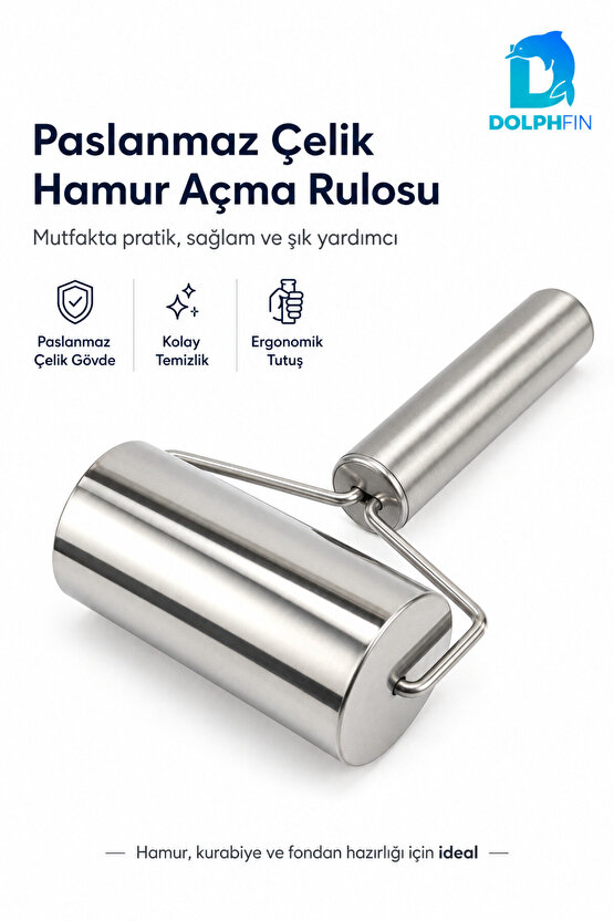 Paslanmaz Çelik Hamur Açma Rulosu Ergonomik Saplı Kurabiye Fondan Merdane