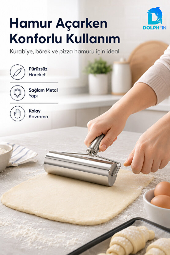Paslanmaz Çelik Hamur Açma Rulosu Ergonomik Saplı Kurabiye Fondan Merdane