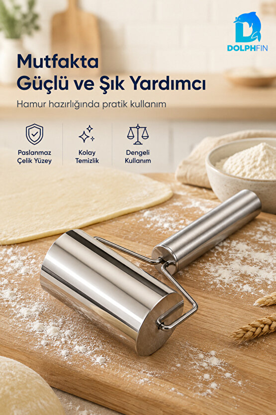 Paslanmaz Çelik Hamur Açma Rulosu Ergonomik Saplı Kurabiye Fondan Merdane