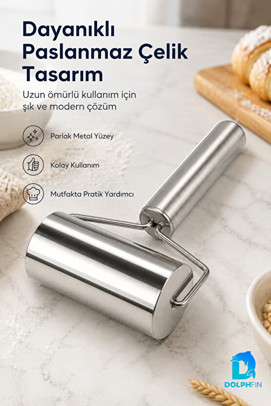 Paslanmaz Çelik Hamur Açma Rulosu Ergonomik Saplı Kurabiye Fondan Merdane