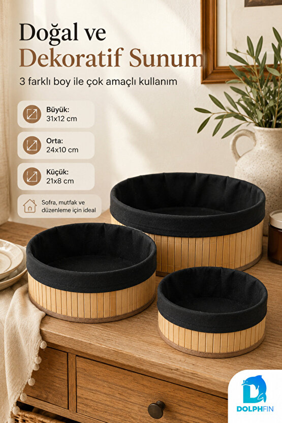 3’lü Yuvarlak Sepet Seti Kumaş Kaplı Dekoratif Düzenleyici Sepet 31-24-21 cm