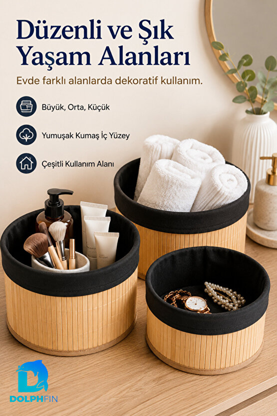 3’lü Yuvarlak Sepet Seti Kumaş Kaplı Dekoratif Düzenleyici Sepet 31-24-21 cm