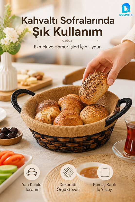 Yuvarlak Hasır Ekmeklik 24 cm Kumaş Kaplı Dekoratif Ekmek Sepeti Yan Kulplu