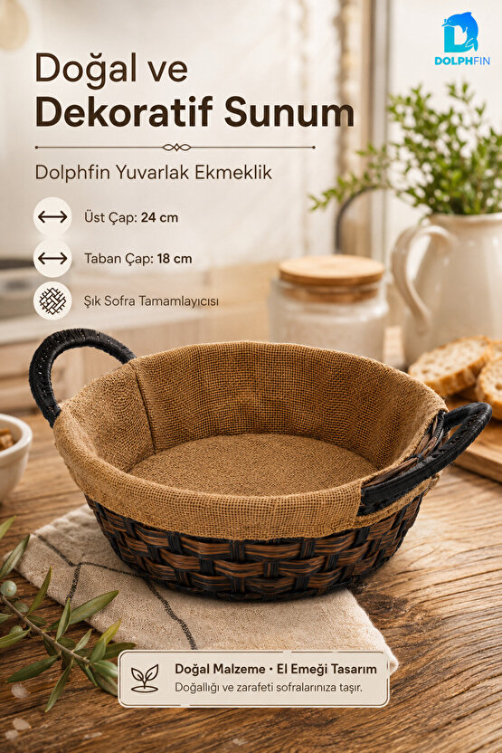 Yuvarlak Hasır Ekmeklik 24 cm Kumaş Kaplı Dekoratif Ekmek Sepeti Yan Kulplu