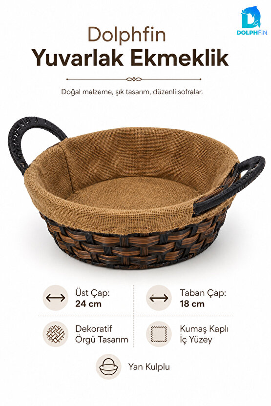 Yuvarlak Hasır Ekmeklik 24 cm Kumaş Kaplı Dekoratif Ekmek Sepeti Yan Kulplu