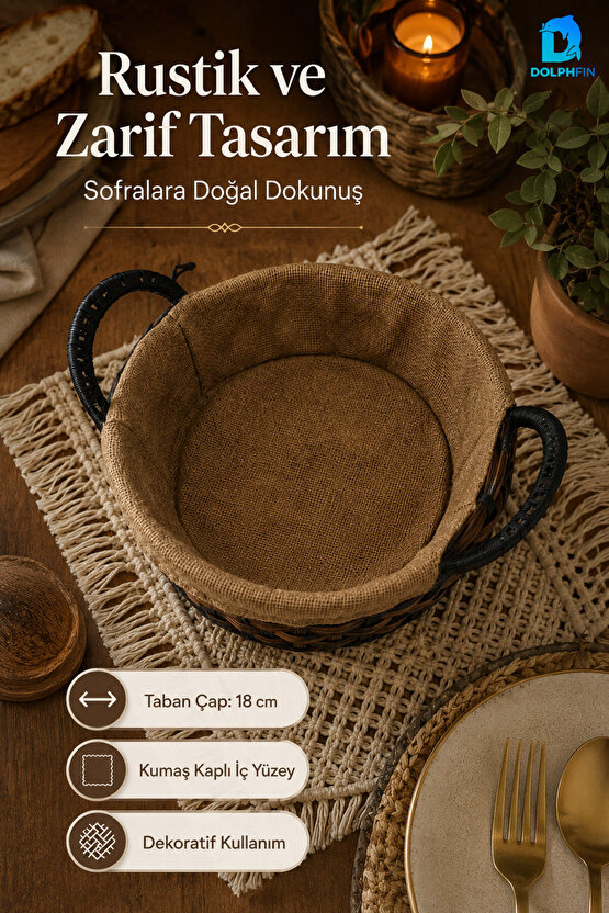 Yuvarlak Hasır Ekmeklik 24 cm Kumaş Kaplı Dekoratif Ekmek Sepeti Yan Kulplu