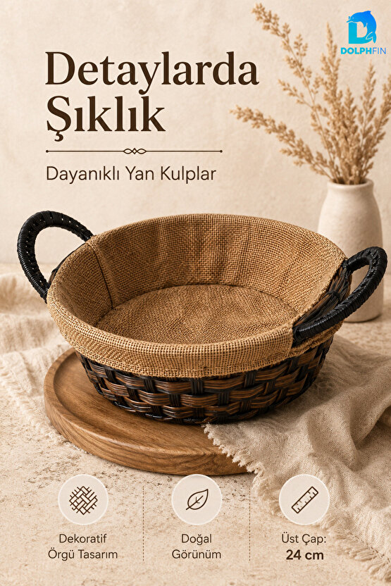 Yuvarlak Hasır Ekmeklik 24 cm Kumaş Kaplı Dekoratif Ekmek Sepeti Yan Kulplu