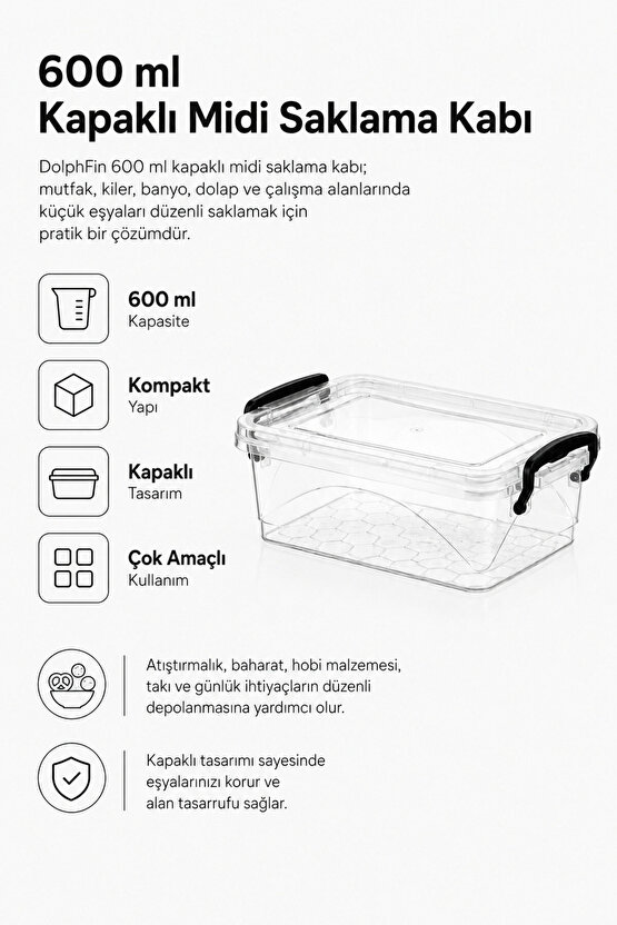 600 ml Kapaklı Midi Saklama Kabı Çok Amaçlı Düzenleyici Kutu