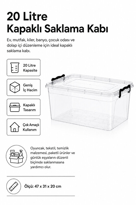 20 Litre Kapaklı Maxi Saklama Kabı Çok Amaçlı Düzenleyici Kutu