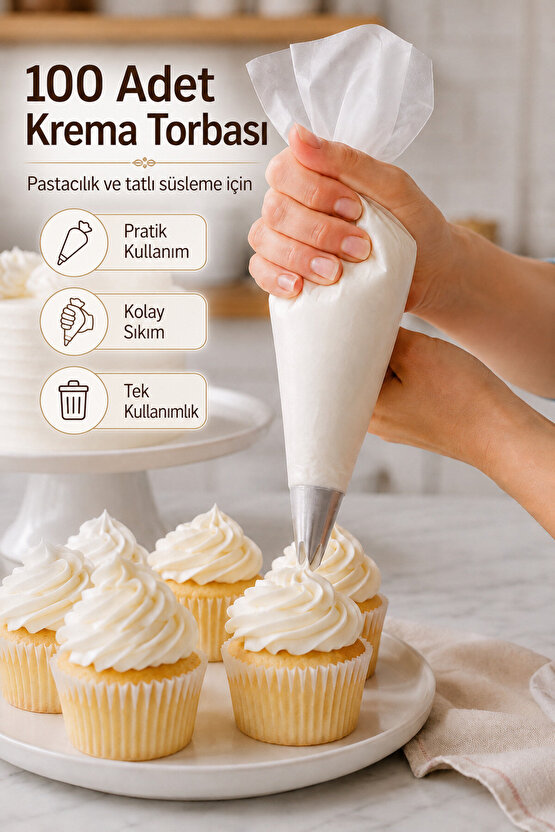 100 Adet Tek Kullanımlık Krema Torbası Pasta Sıkma ve Süsleme Poşeti
