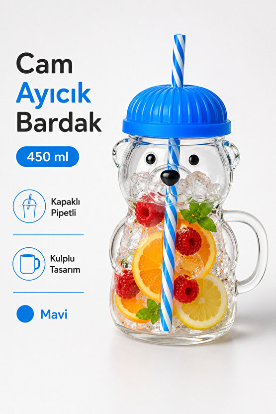 Sihirli Cam Ayıcık Bardak 450 ml Kapaklı Pipetli Cam Kupa Ayı Figürlü İçecek Bardağı