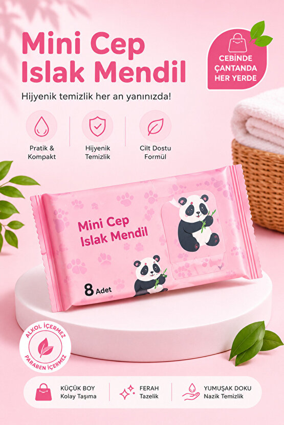 Mini Cep Islak Mendil 8 Yaprak Cep Boy Alkolsüz Taşınabilir Hijyenik Temizlik Mendili