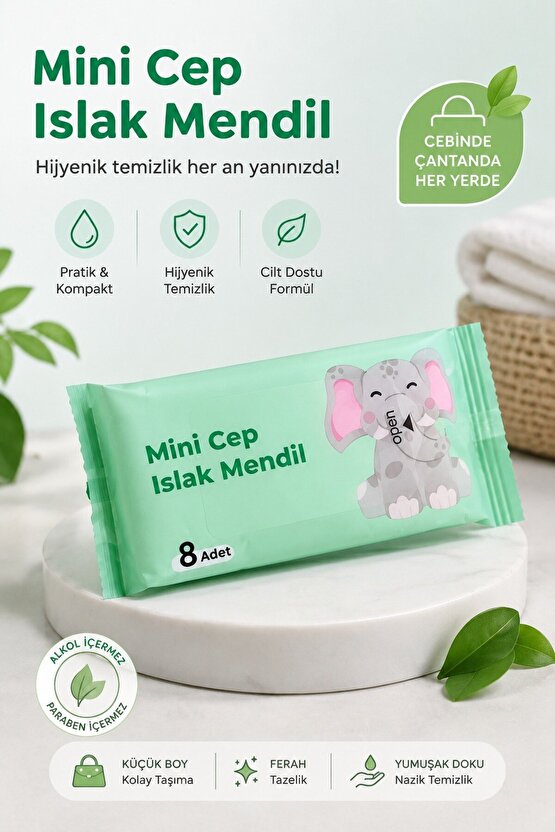 Mini Cep Islak Mendil 8 Yaprak Cep Boy Alkolsüz Taşınabilir Hijyenik Temizlik Mendili
