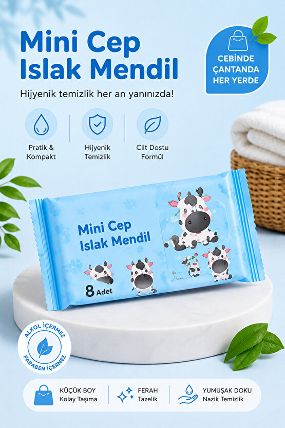 Mini Cep Islak Mendil 8 Yaprak Cep Boy Alkolsüz Taşınabilir Hijyenik Temizlik Mendili
