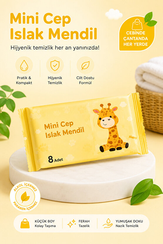Mini Cep Islak Mendil 8 Yaprak Cep Boy Alkolsüz Taşınabilir Hijyenik Temizlik Mendili