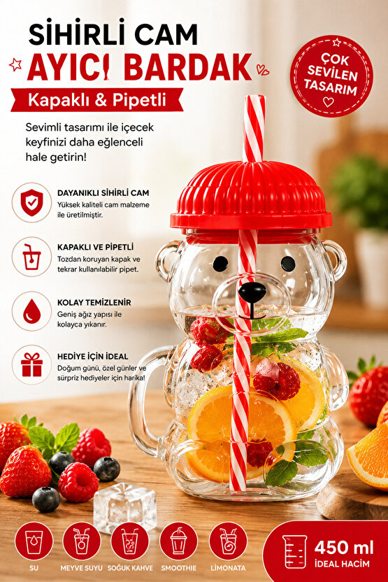 Ayıcık Bardak 450 ml Kapaklı Pipetli Cam Kupa Ayı Figürlü İçecek Bardağı